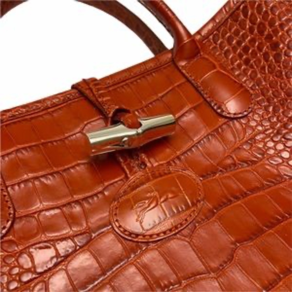 Longchamp Terracotta Roseau Croc Embossed Leather Toggle Shopper Top Handle Bag - Picture 10 of 12